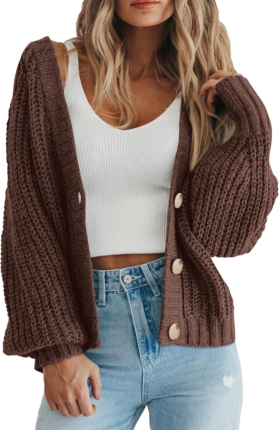 PRETTYGARDEN Suéter de punto grueso con frente abierto para mujer, cárdigan corto holgado con botones y manga larga, abrigos de abrigo 