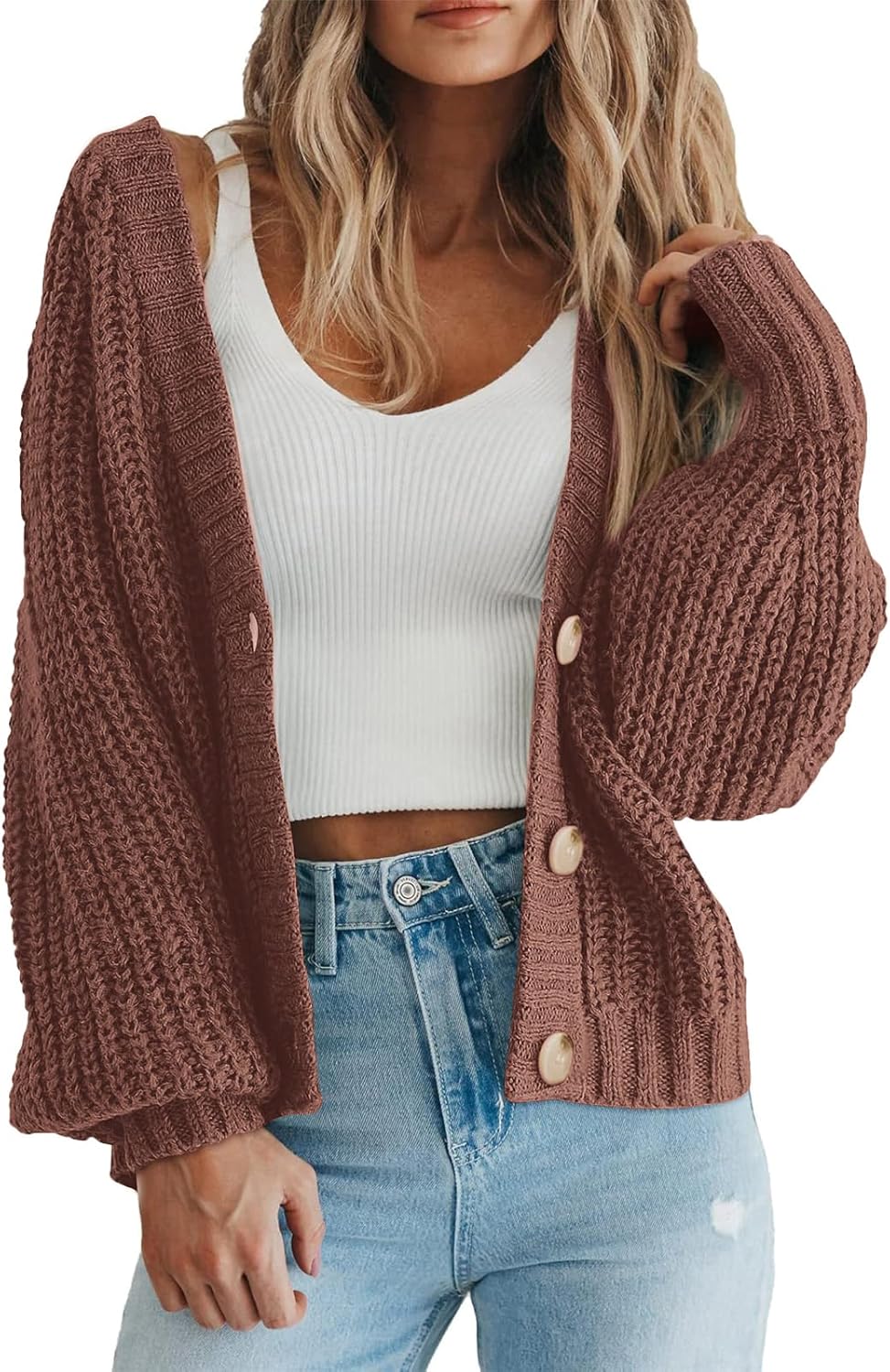 PRETTYGARDEN Suéter de punto grueso con frente abierto para mujer, cárdigan corto holgado con botones y manga larga, abrigos de abrigo 