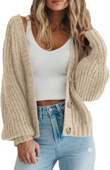 PRETTYGARDEN Suéter de punto grueso con frente abierto para mujer, cárdigan corto holgado con botones y manga larga, abrigos de abrigo 