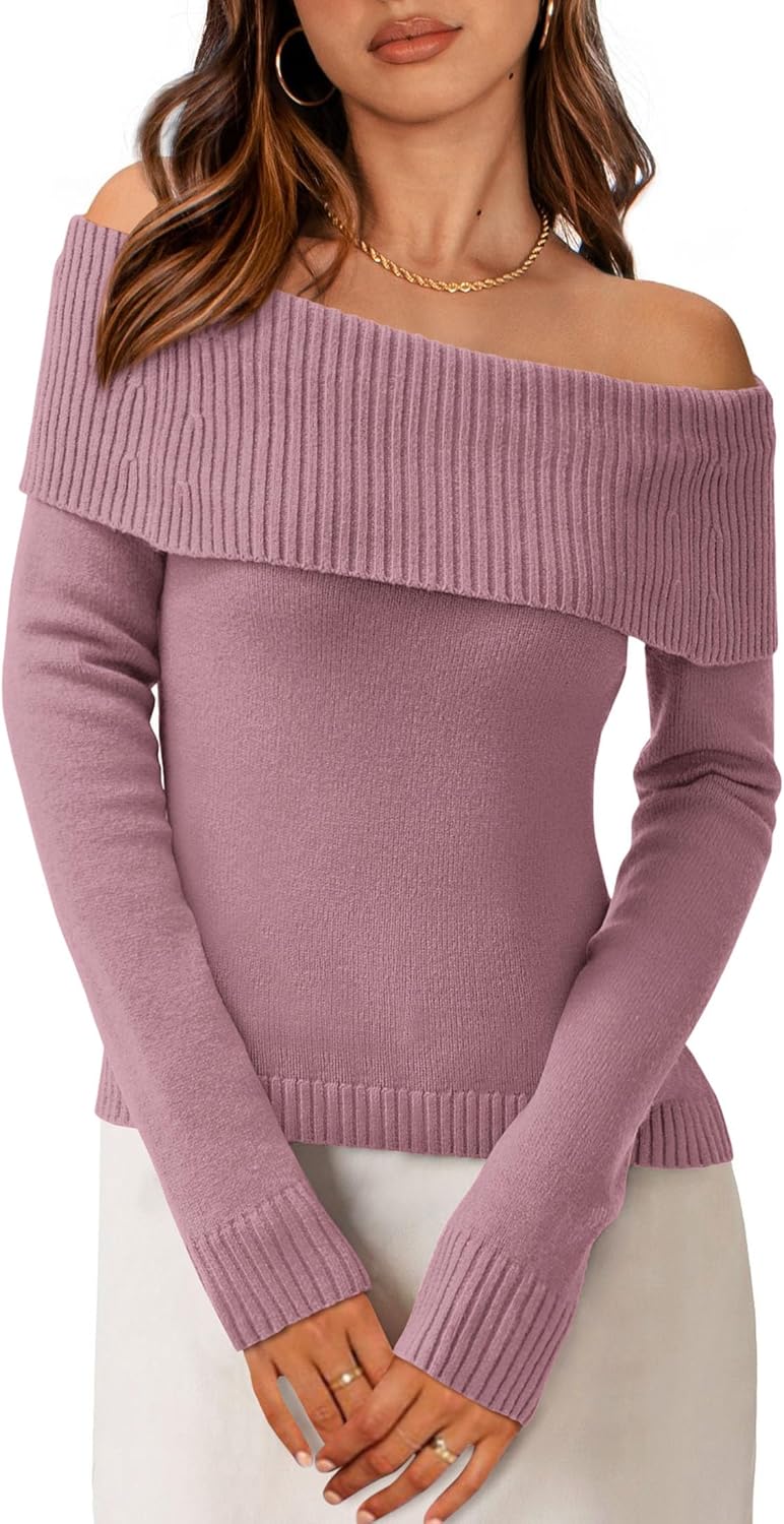 PRETTYGARDEN Women's Fall Off Shoulder Sweaters Y2K Long Sleeve Ribbed Knit Fitted Pullover Winter Date Night Tops Blouse