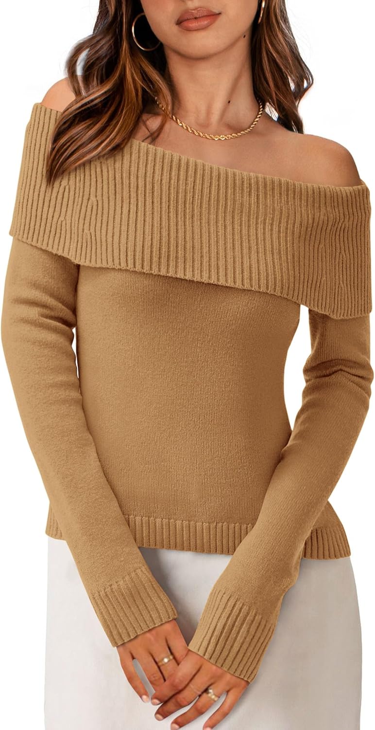 PRETTYGARDEN Women's Fall Off Shoulder Sweaters Y2K Long Sleeve Ribbed Knit Fitted Pullover Winter Date Night Tops Blouse