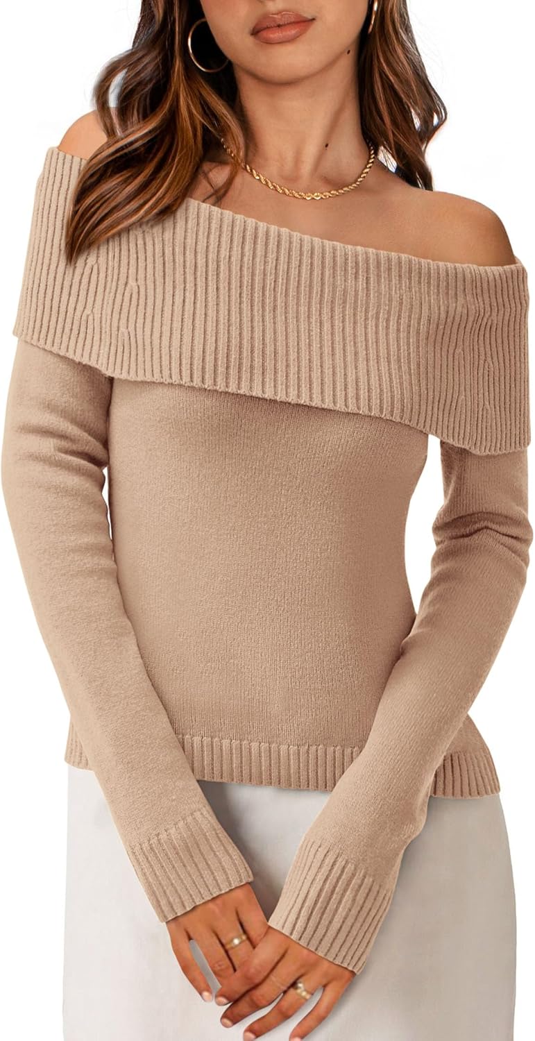 PRETTYGARDEN Women's Fall Off Shoulder Sweaters Y2K Long Sleeve Ribbed Knit Fitted Pullover Winter Date Night Tops Blouse