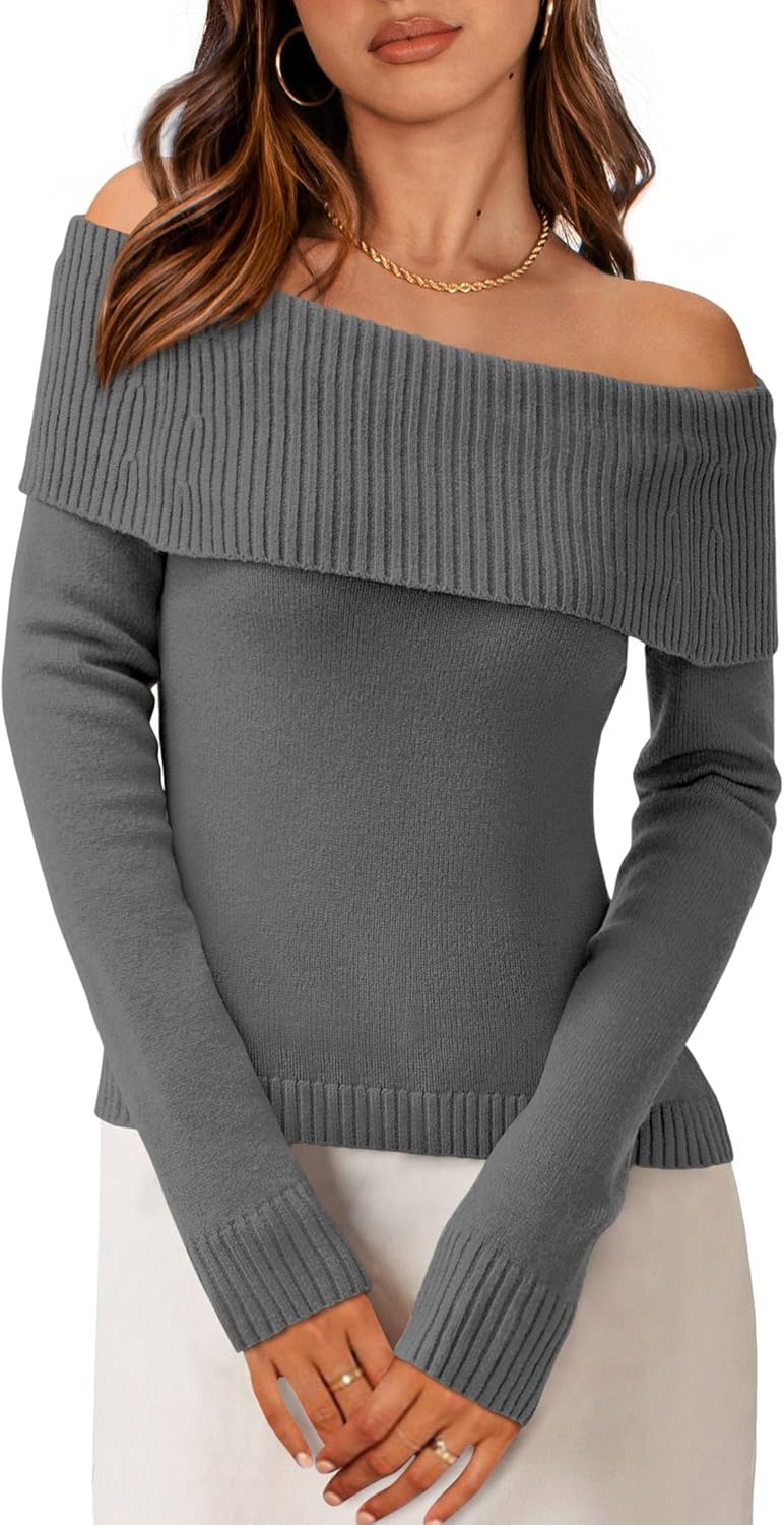 PRETTYGARDEN Women's Fall Off Shoulder Sweaters Y2K Long Sleeve Ribbed Knit Fitted Pullover Winter Date Night Tops Blouse