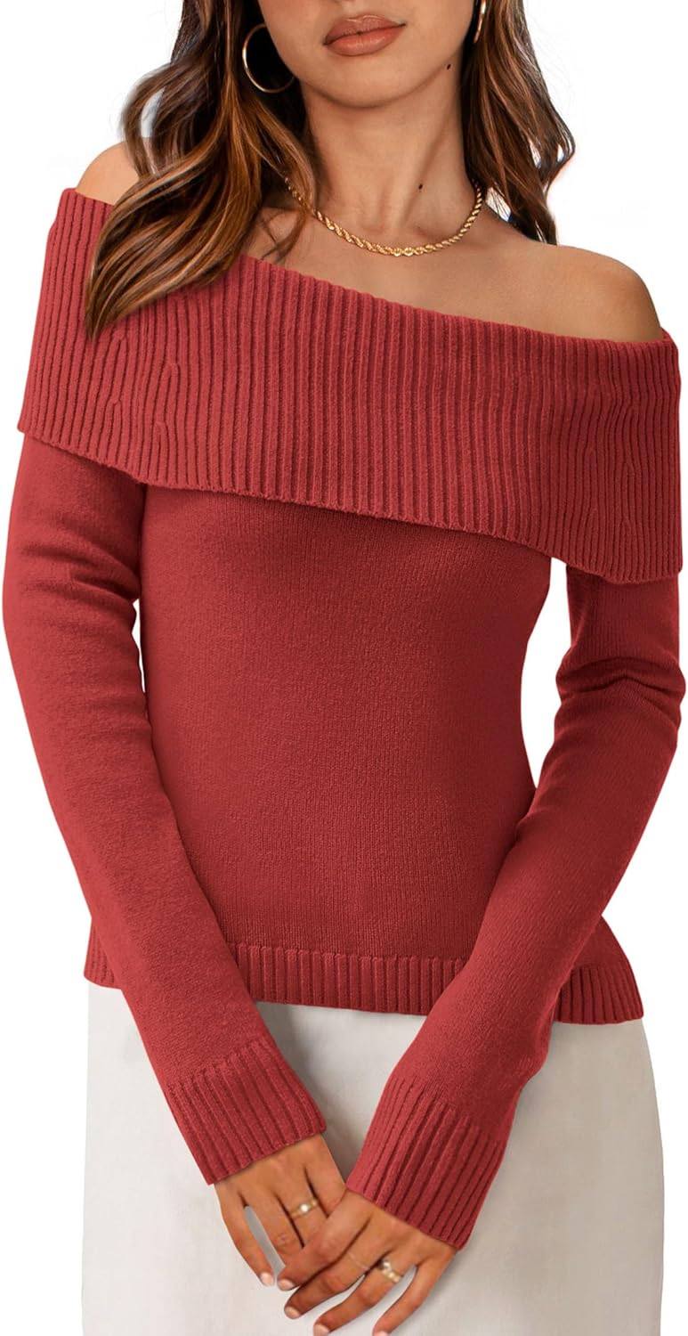PRETTYGARDEN Women's Fall Off Shoulder Sweaters Y2K Long Sleeve Ribbed Knit Fitted Pullover Winter Date Night Tops Blouse