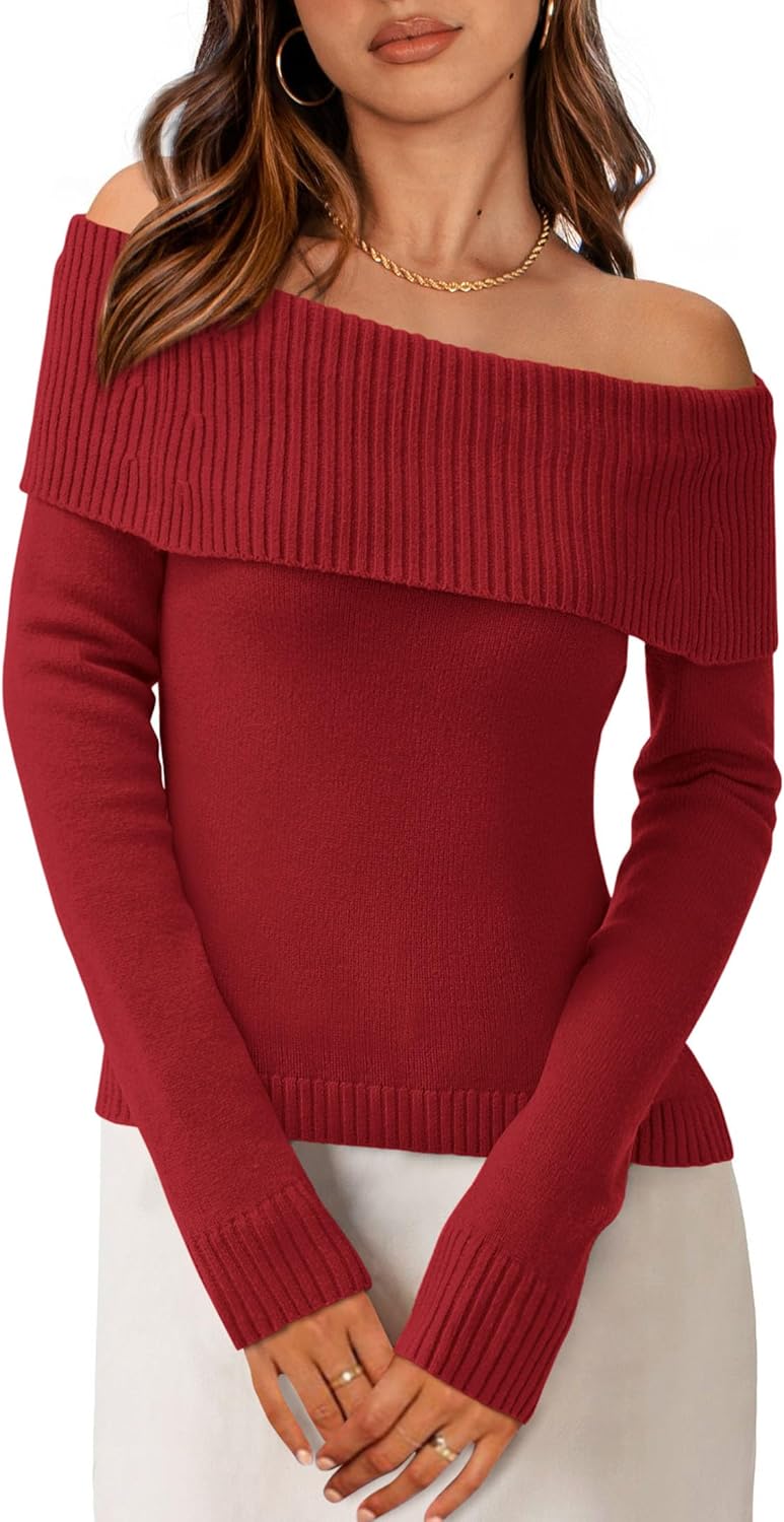 PRETTYGARDEN Women's Fall Off Shoulder Sweaters Y2K Long Sleeve Ribbed Knit Fitted Pullover Winter Date Night Tops Blouse