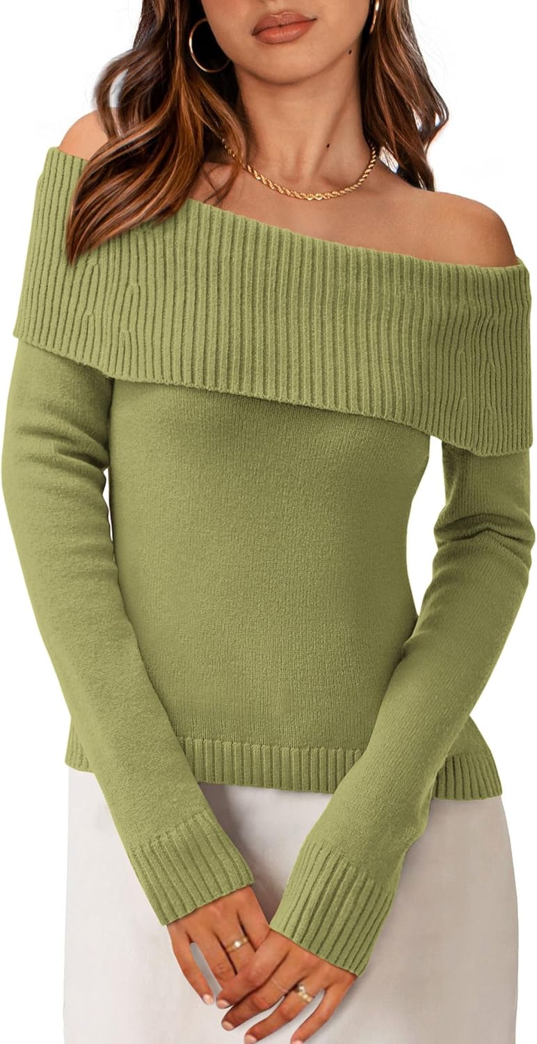 PRETTYGARDEN Women's Fall Off Shoulder Sweaters Y2K Long Sleeve Ribbed Knit Fitted Pullover Winter Date Night Tops Blouse