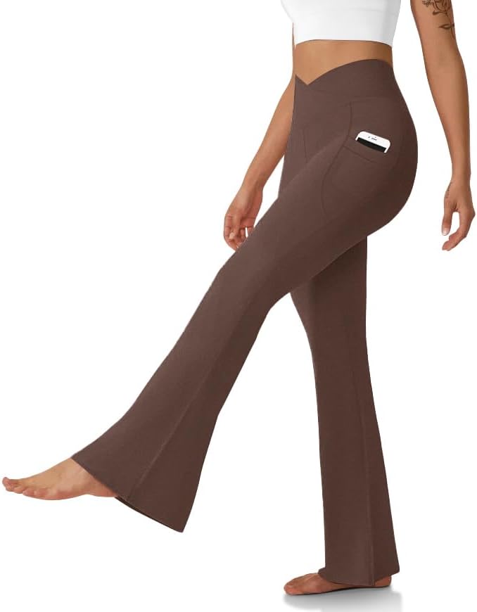 Women's Flare Leggings with Pockets-Crossover High Waisted Bootcut Yoga Pants-Tummy Control Bell Bottom Leggings