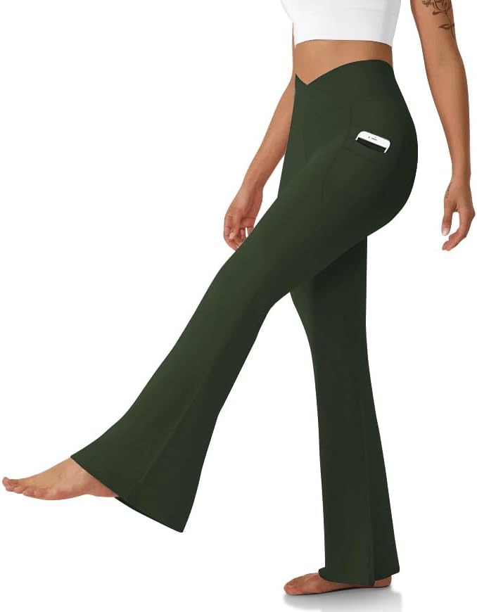 Women's Flare Leggings with Pockets-Crossover High Waisted Bootcut Yoga Pants-Tummy Control Bell Bottom Leggings
