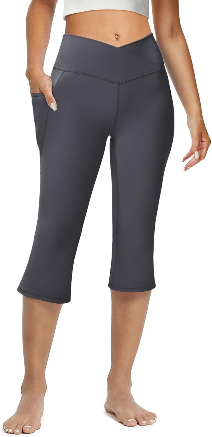 Women's Flare Leggings with Pockets-Crossover High Waisted Bootcut Yoga Pants-Tummy Control Bell Bottom Leggings
