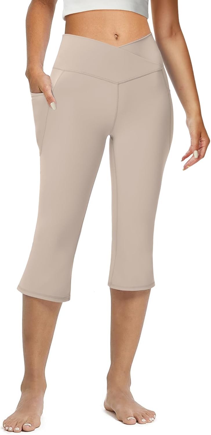 Women's Flare Leggings with Pockets-Crossover High Waisted Bootcut Yoga Pants-Tummy Control Bell Bottom Leggings