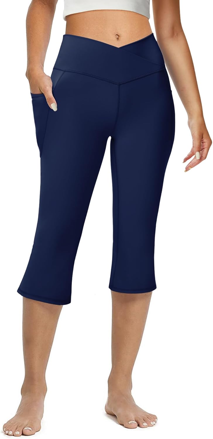Women's Flare Leggings with Pockets-Crossover High Waisted Bootcut Yoga Pants-Tummy Control Bell Bottom Leggings