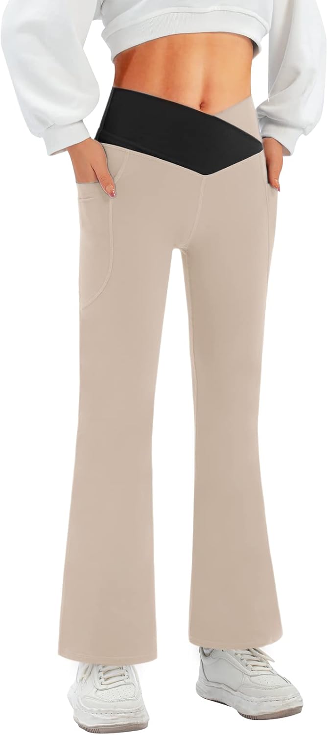 Women's Flare Leggings with Pockets-Crossover High Waisted Bootcut Yoga Pants-Tummy Control Bell Bottom Leggings