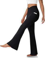 Women's Flare Leggings with Pockets-Crossover High Waisted Bootcut Yoga Pants-Tummy Control Bell Bottom Leggings
