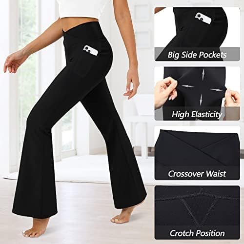 Women's Flare Leggings with Pockets-Crossover High Waisted Bootcut Yoga Pants-Tummy Control Bell Bottom Leggings