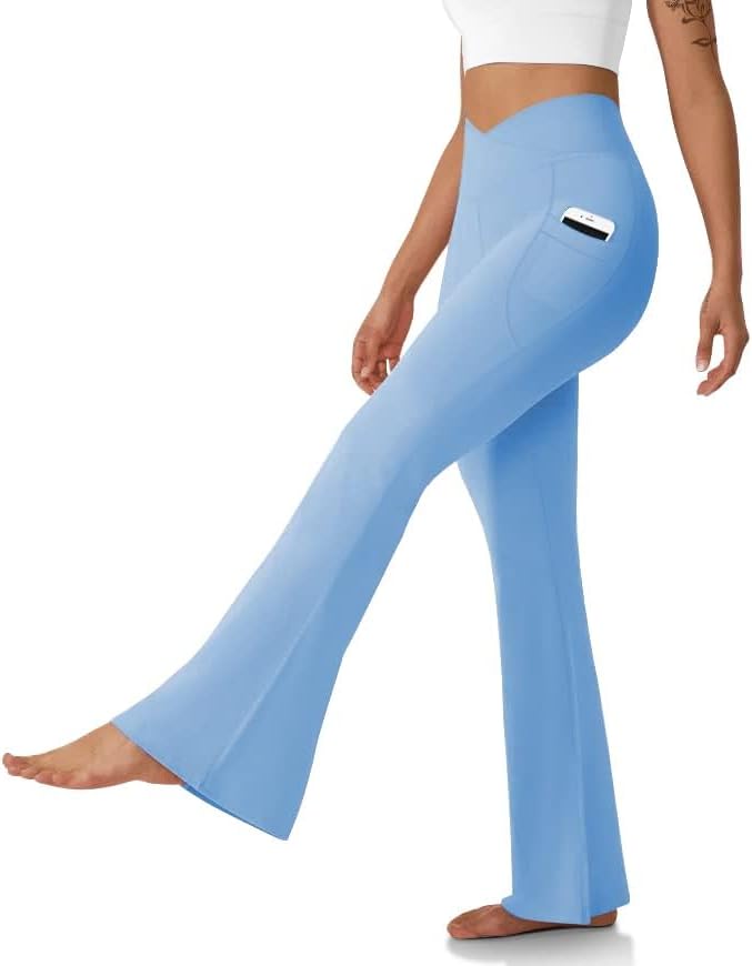 Women's Flare Leggings with Pockets-Crossover High Waisted Bootcut Yoga Pants-Tummy Control Bell Bottom Leggings