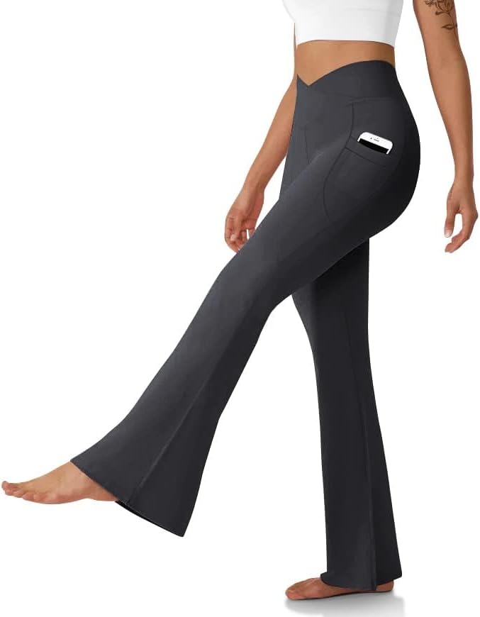 Women's Flare Leggings with Pockets-Crossover High Waisted Bootcut Yoga Pants-Tummy Control Bell Bottom Leggings