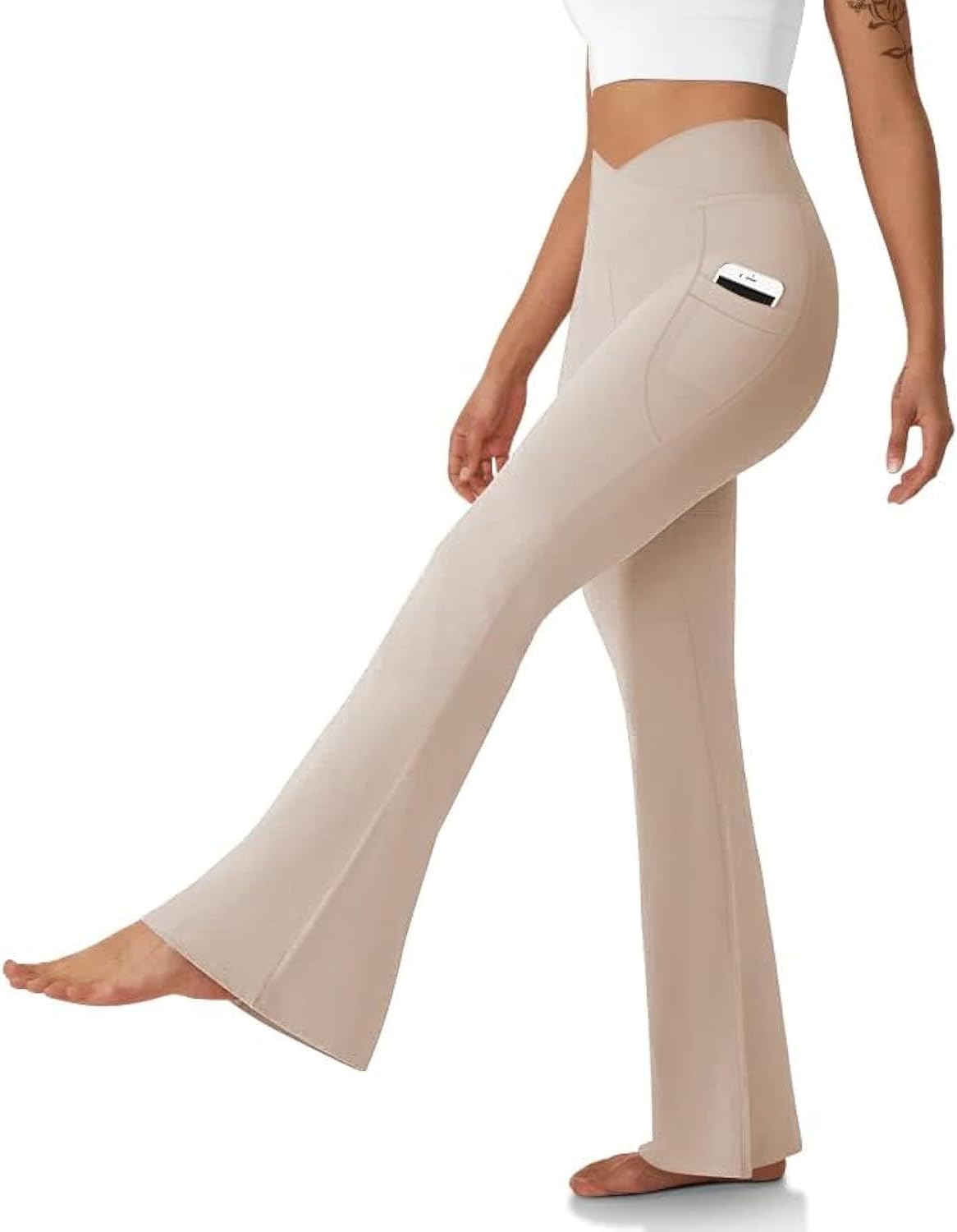 Women's Flare Leggings with Pockets-Crossover High Waisted Bootcut Yoga Pants-Tummy Control Bell Bottom Leggings