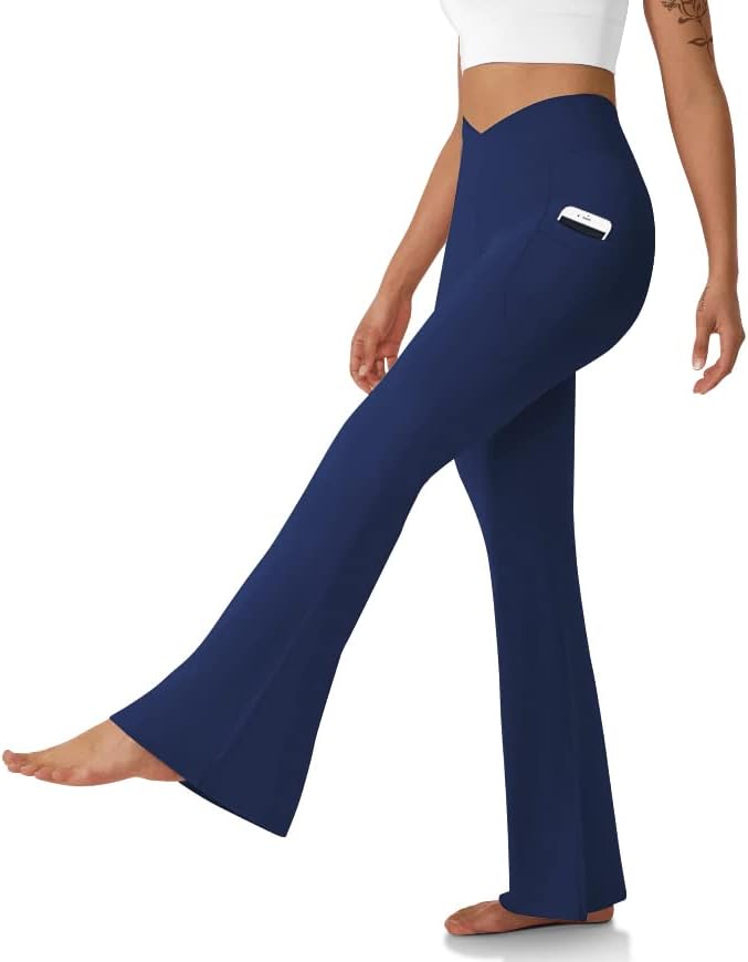 Women's Flare Leggings with Pockets-Crossover High Waisted Bootcut Yoga Pants-Tummy Control Bell Bottom Leggings