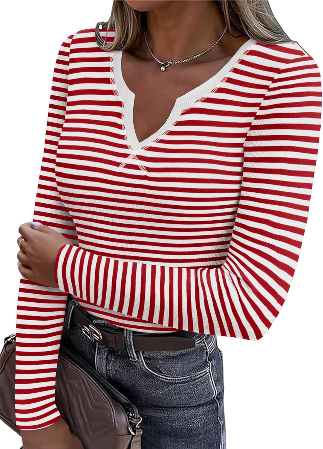 Zeagoo Womens Long Sleeve Shirts V-Neck Slim Fitted Knit Top Stretch Ribbed Basic Tee Casual Y2k Going Out T-Shirt