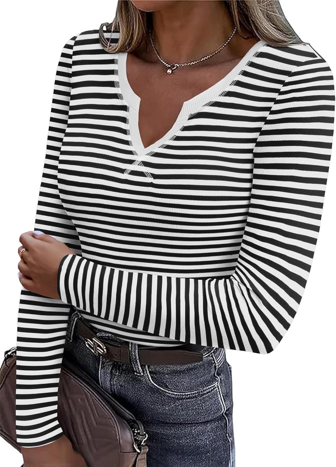 Zeagoo Womens Long Sleeve Shirts V-Neck Slim Fitted Knit Top Stretch Ribbed Basic Tee Casual Y2k Going Out T-Shirt