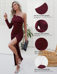 Vestido de cóctel de manga larga con un hombro al descubierto para mujer de Sarin Mathews, sexy, ajustado, fruncido, cruzado, con abertura, vestido formal largo para fiesta 
