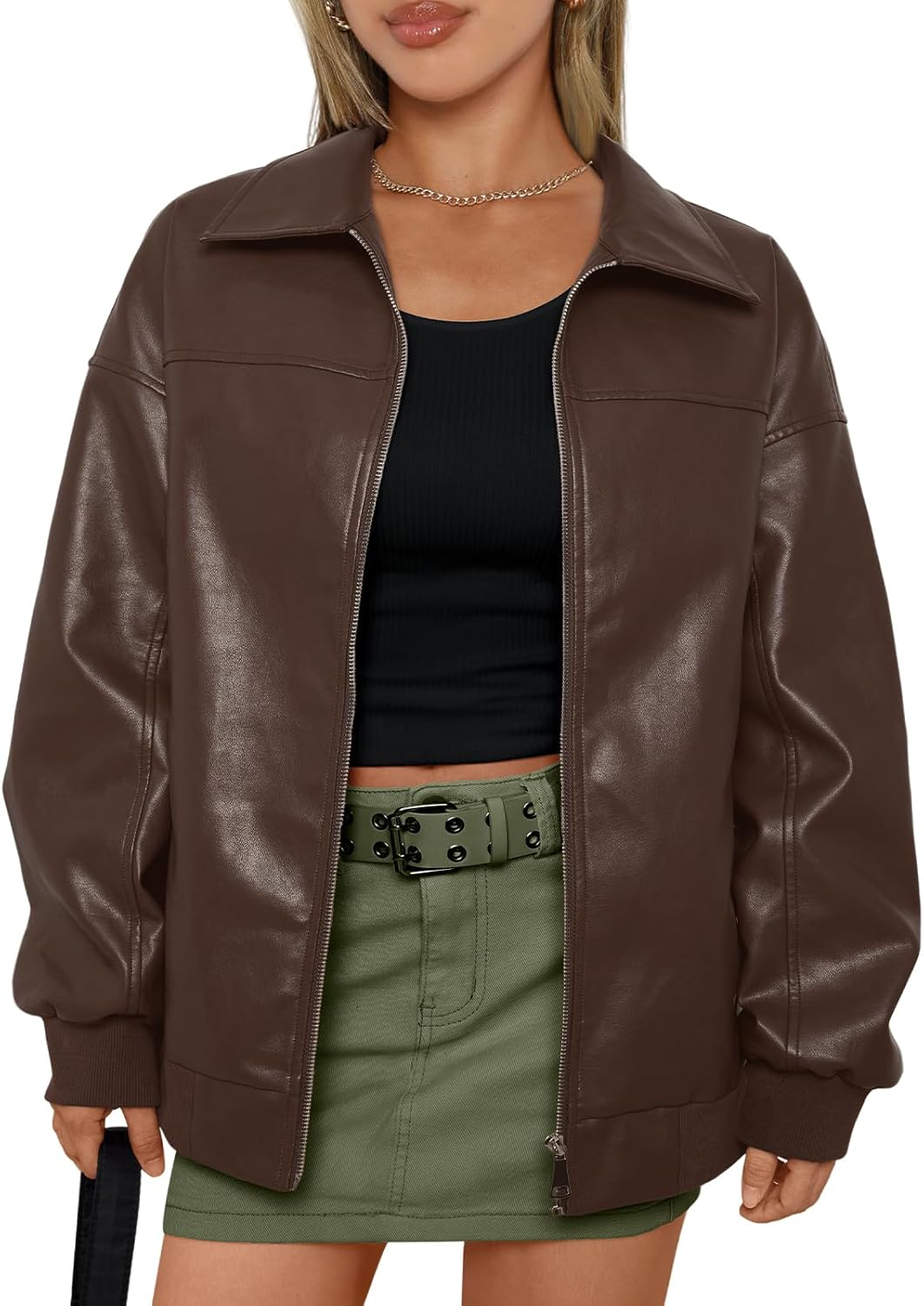 AUTOMET Chaquetas de cuero de gran tamaño para mujer Abrigos con cremallera Conjuntos de bombardero de motocicleta de imitación Moda de otoño Ropa de invierno de tendencia 2025 