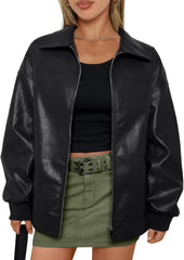 AUTOMET Chaquetas de cuero de gran tamaño para mujer Abrigos con cremallera Conjuntos de bombardero de motocicleta de imitación Moda de otoño Ropa de invierno de tendencia 2025 