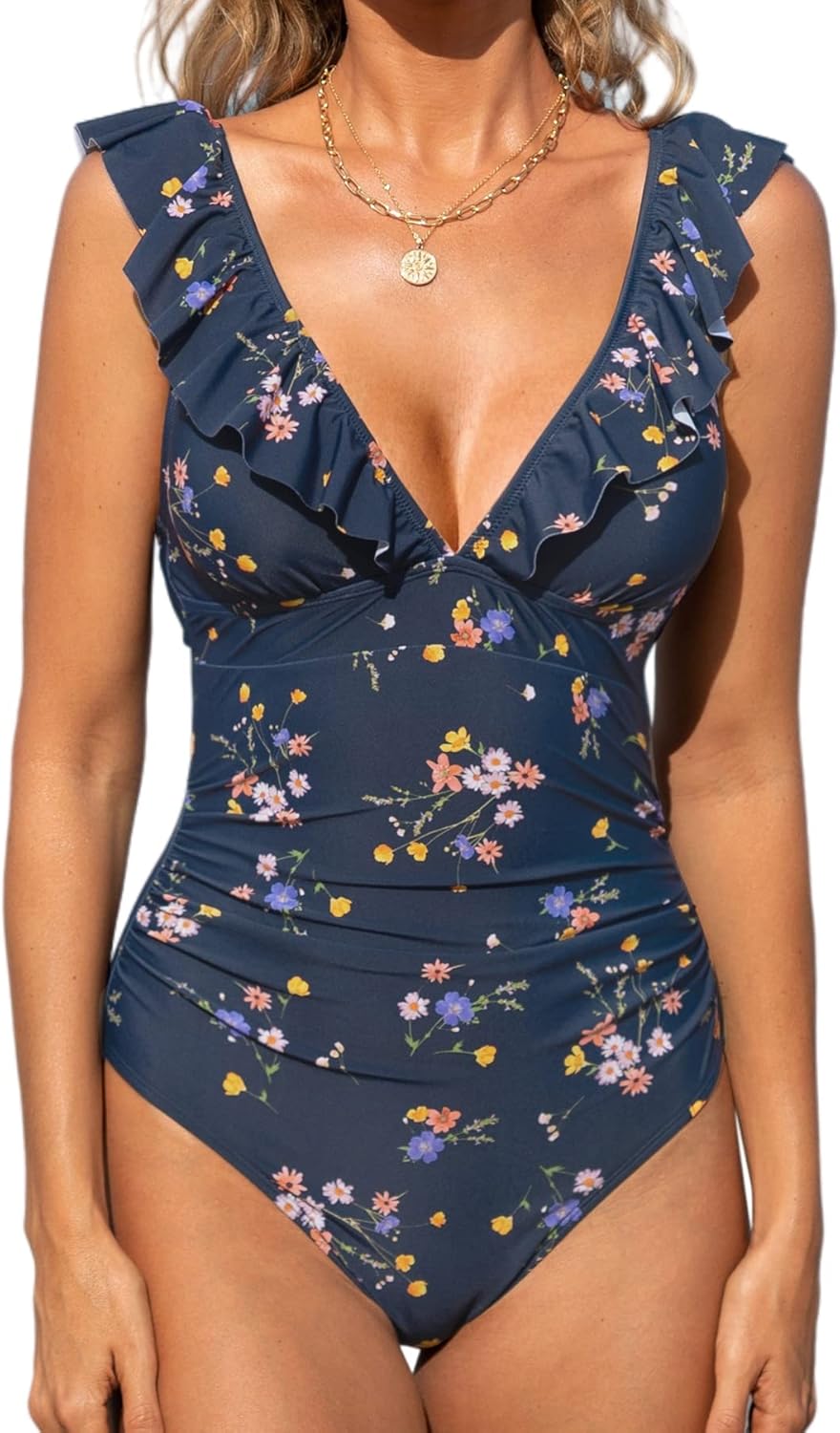 Women's Ruffled One Piece Swimsuit V Neck Lace Up