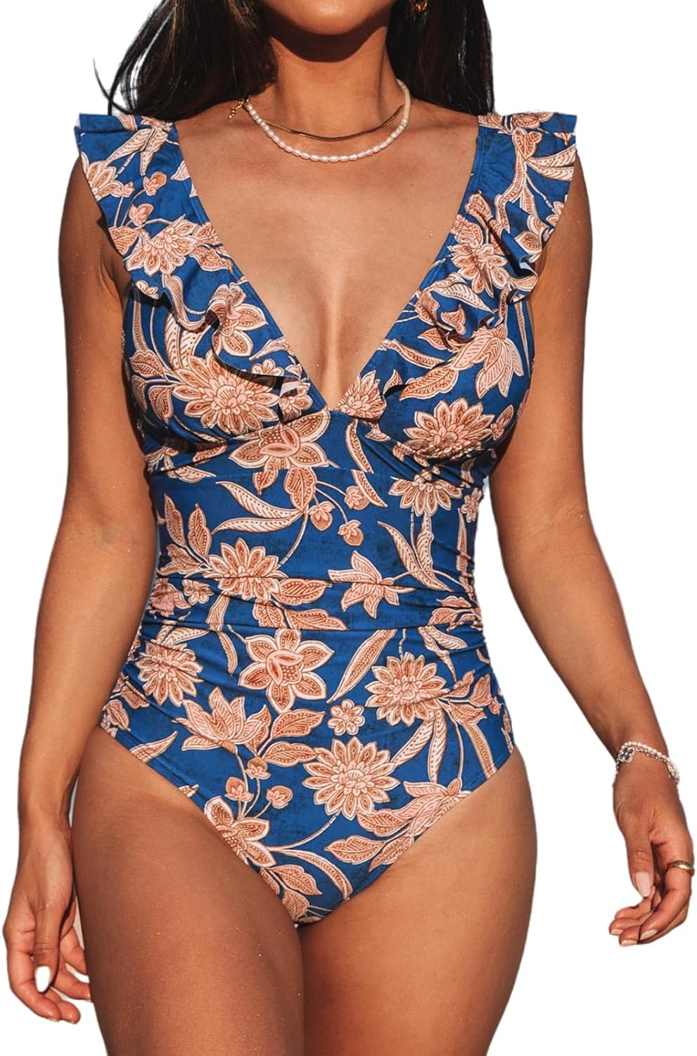 Women's Ruffled One Piece Swimsuit V Neck Lace Up