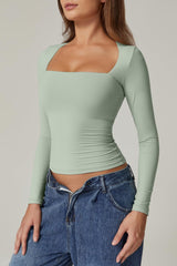 QINSEN Women's Sexy Square Neck Shirt Long Sleeve Double Lined Tees Fitted Going Out Tops