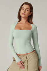 QINSEN Women's Sexy Square Neck Shirt Long Sleeve Double Lined Tees Fitted Going Out Tops