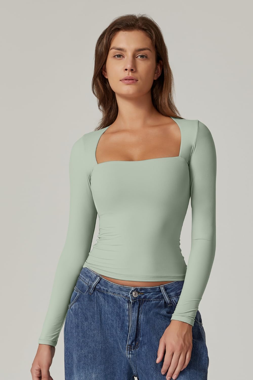 QINSEN Women's Sexy Square Neck Shirt Long Sleeve Double Lined Tees Fitted Going Out Tops