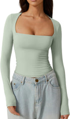 QINSEN Women's Sexy Square Neck Shirt Long Sleeve Double Lined Tees Fitted Going Out Tops