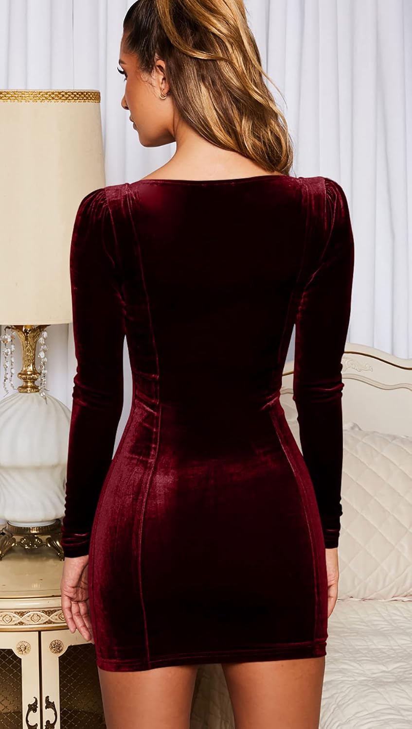 GOBLES Vestido mini de fiesta elegante ajustado de manga larga de terciopelo sexy para mujer 