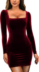 GOBLES Vestido mini de fiesta elegante ajustado de manga larga de terciopelo sexy para mujer 