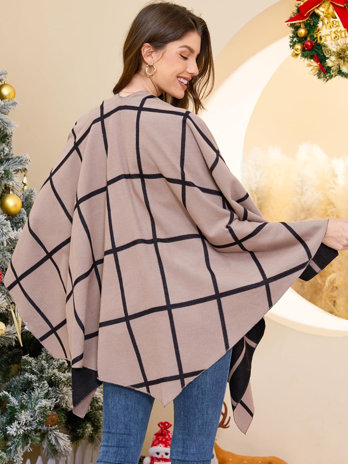 Poncho tipo ruana tipo chal para mujer de Moss Rose, capa, cárdigan abierto al frente, chales para otoño e invierno 