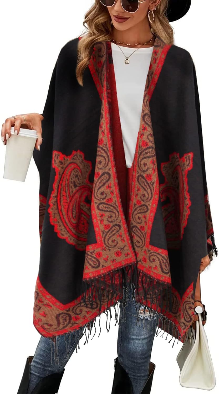 Poncho tipo ruana tipo chal para mujer de Moss Rose, capa, cárdigan abierto al frente, chales para otoño e invierno 