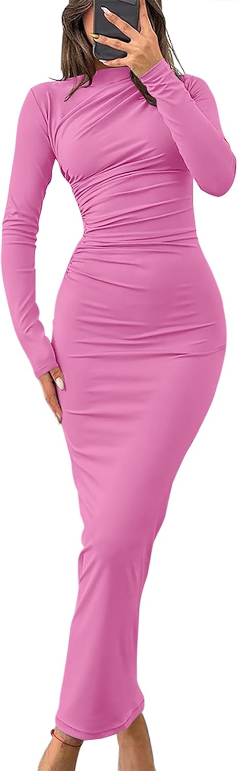 ZESICA Vestido maxi ajustado de manga larga de primavera para mujer, sexy, fruncido, cuello redondo, ajustado, vestido de fiesta de cóctel 