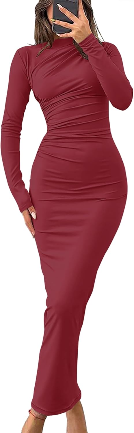ZESICA Vestido maxi ajustado de manga larga de primavera para mujer, sexy, fruncido, cuello redondo, ajustado, vestido de fiesta de cóctel 