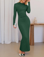 ZESICA Vestido maxi ajustado de manga larga de primavera para mujer, sexy, fruncido, cuello redondo, ajustado, vestido de fiesta de cóctel 
