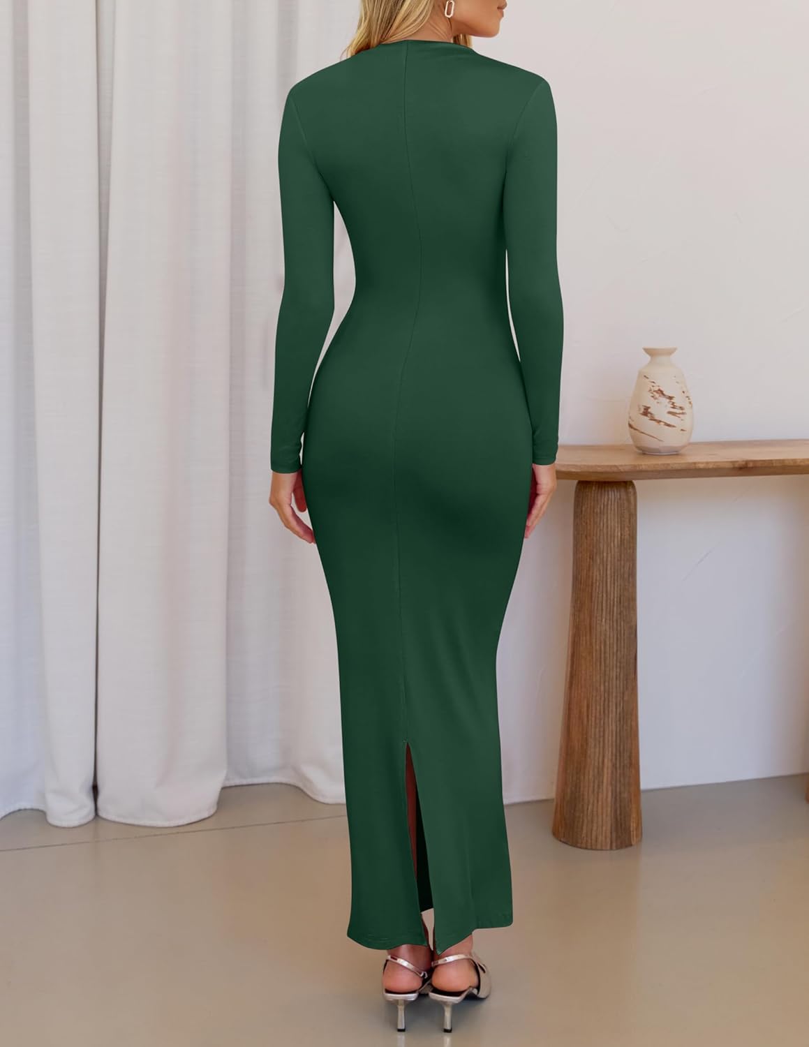 ZESICA Vestido maxi ajustado de manga larga de primavera para mujer, sexy, fruncido, cuello redondo, ajustado, vestido de fiesta de cóctel 