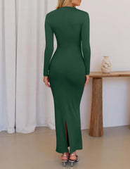 ZESICA Vestido maxi ajustado de manga larga de primavera para mujer, sexy, fruncido, cuello redondo, ajustado, vestido de fiesta de cóctel 