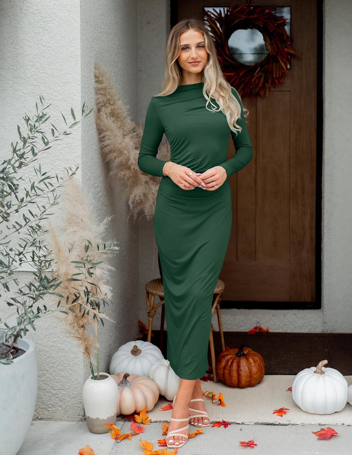 ZESICA Vestido maxi ajustado de manga larga de primavera para mujer, sexy, fruncido, cuello redondo, ajustado, vestido de fiesta de cóctel 