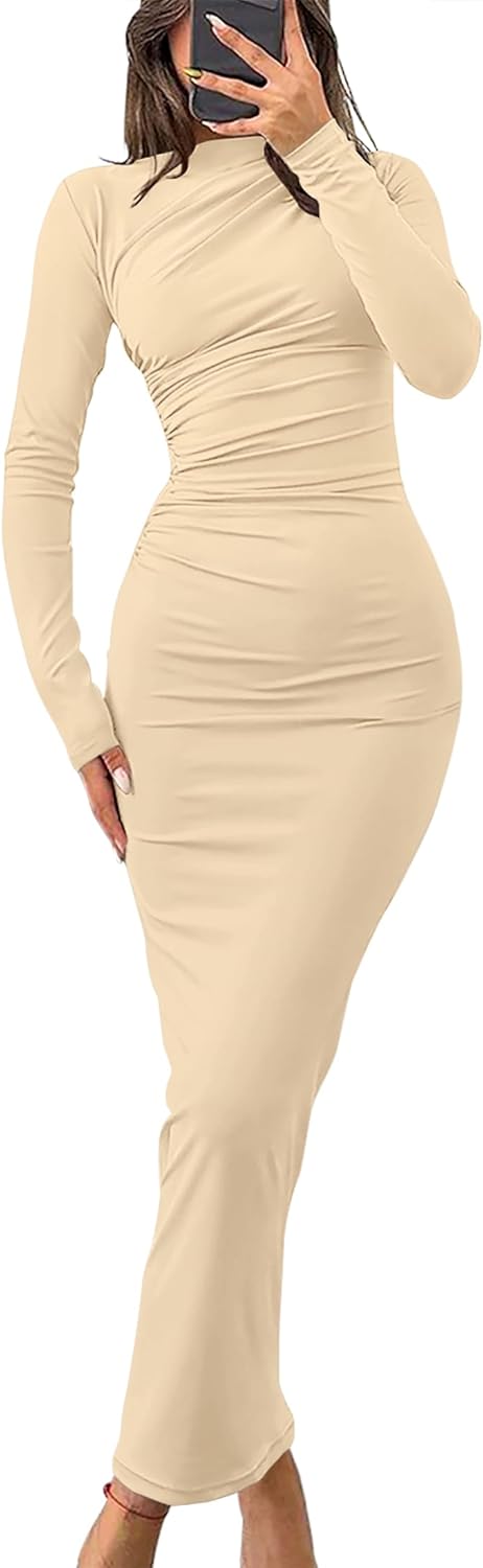 ZESICA Vestido maxi ajustado de manga larga de primavera para mujer, sexy, fruncido, cuello redondo, ajustado, vestido de fiesta de cóctel 