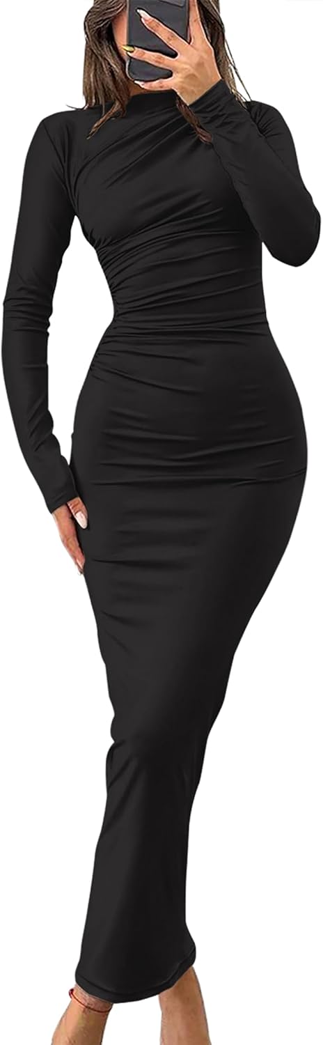 ZESICA Vestido maxi ajustado de manga larga de primavera para mujer, sexy, fruncido, cuello redondo, ajustado, vestido de fiesta de cóctel 