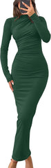 ZESICA Vestido maxi ajustado de manga larga de primavera para mujer, sexy, fruncido, cuello redondo, ajustado, vestido de fiesta de cóctel 
