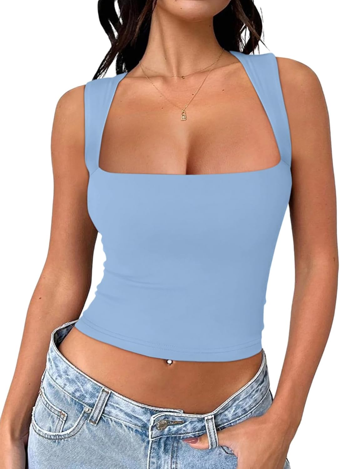 REORIA Butsmooth® Women's Square Neck Going Out Crop Tops Double Lined Cute Basic Tank Tops 2024 Clothes
