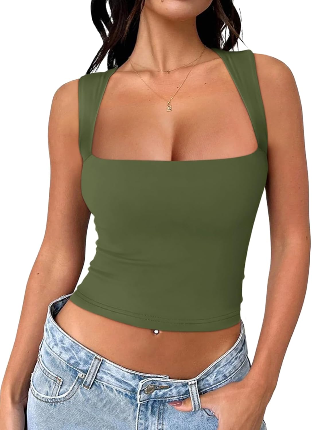 REORIA Butsmooth® Women's Square Neck Going Out Crop Tops Double Lined Cute Basic Tank Tops 2024 Clothes