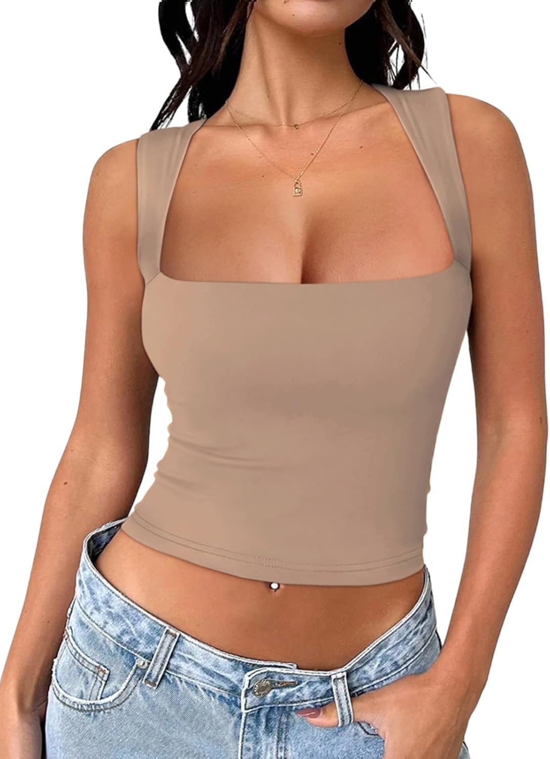 REORIA Butsmooth® Women's Square Neck Going Out Crop Tops Double Lined Cute Basic Tank Tops 2024 Clothes