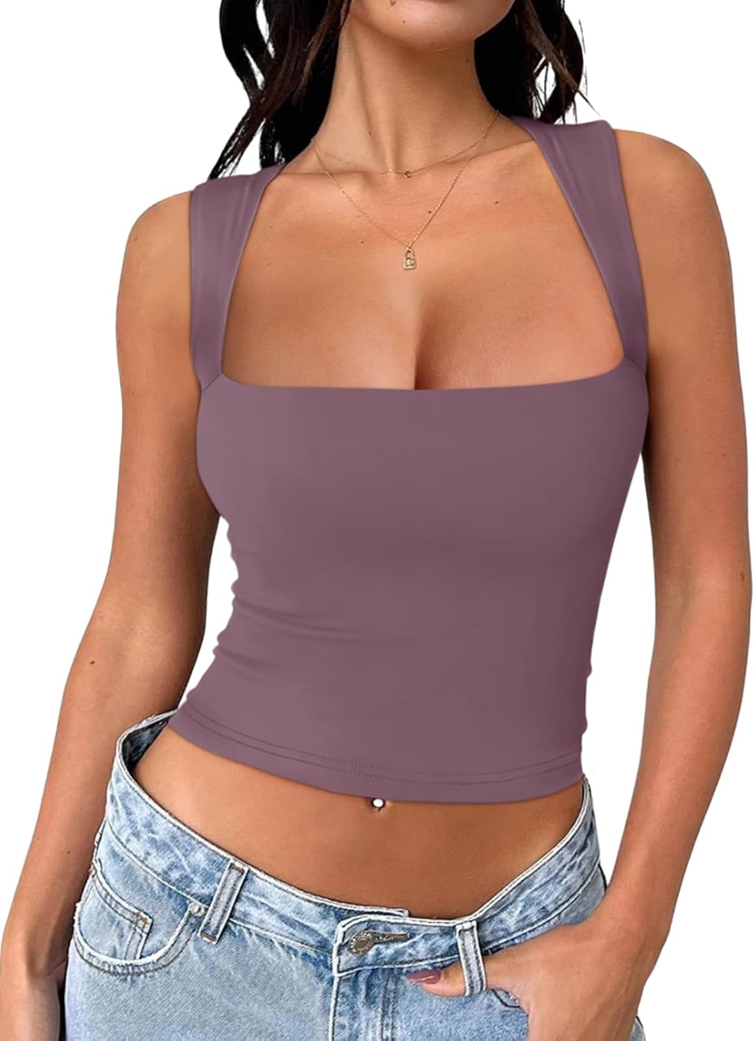 REORIA Butsmooth® Women's Square Neck Going Out Crop Tops Double Lined Cute Basic Tank Tops 2024 Clothes